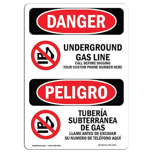 Safety Sign, OSHA, 5" Height, Underground Gas Line Call Custom Spanish, 10PK